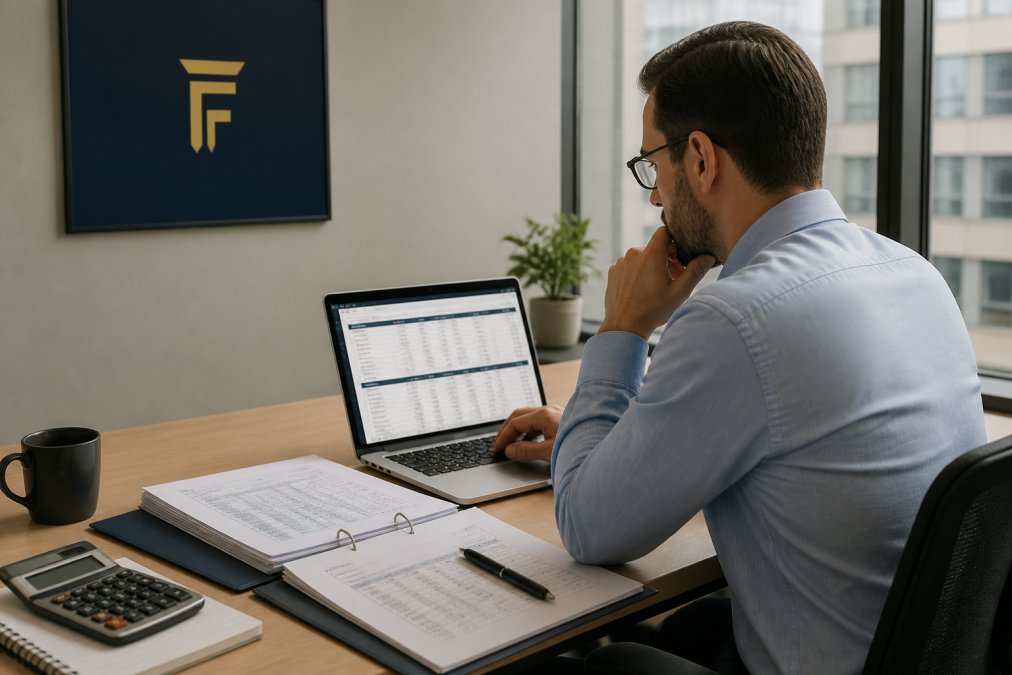 Finance professional reviewing monthly borrowing base certificate on laptop with AR aging report and inventory list visible