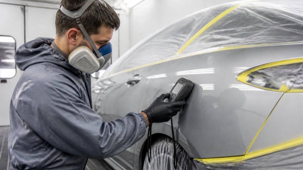 A technician in a clean spray booth holding a spectrophotometer against a silver car panel, reading the color data on the device screen under bright overhead lighting