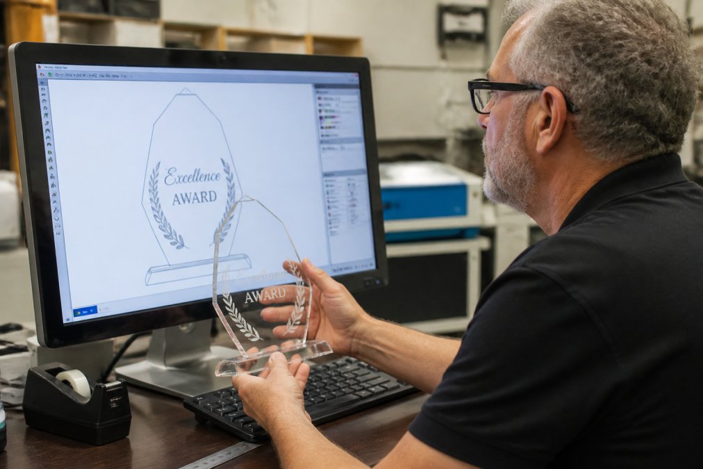 Professional engraver examining a vector file design on computer screen while holding a sample acrylic award with engraved text, showing clean, precise lettering in a bright workshop setting