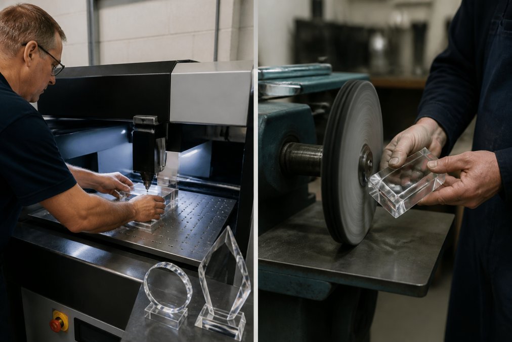 Skilled technician operating a laser engraving machine in a professional manufacturing facility, carefully positioning a clear acrylic award under the laser head while monitoring the digital display, with finished engraved trophies visible on the work surface