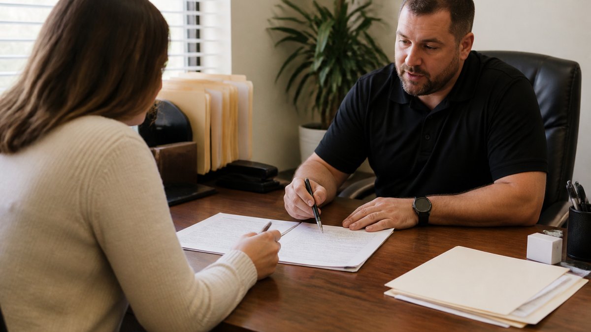 Family member sitting at desk with paperwork and phone, speaking with bail bond agent in professional office setting with natural lighting