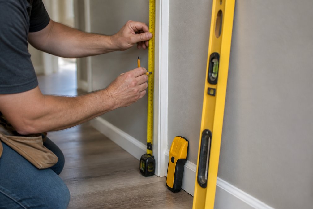Hands holding a tape measure against a door frame while marking wall studs with a pencil, with a stud finder and level visible on the work surface