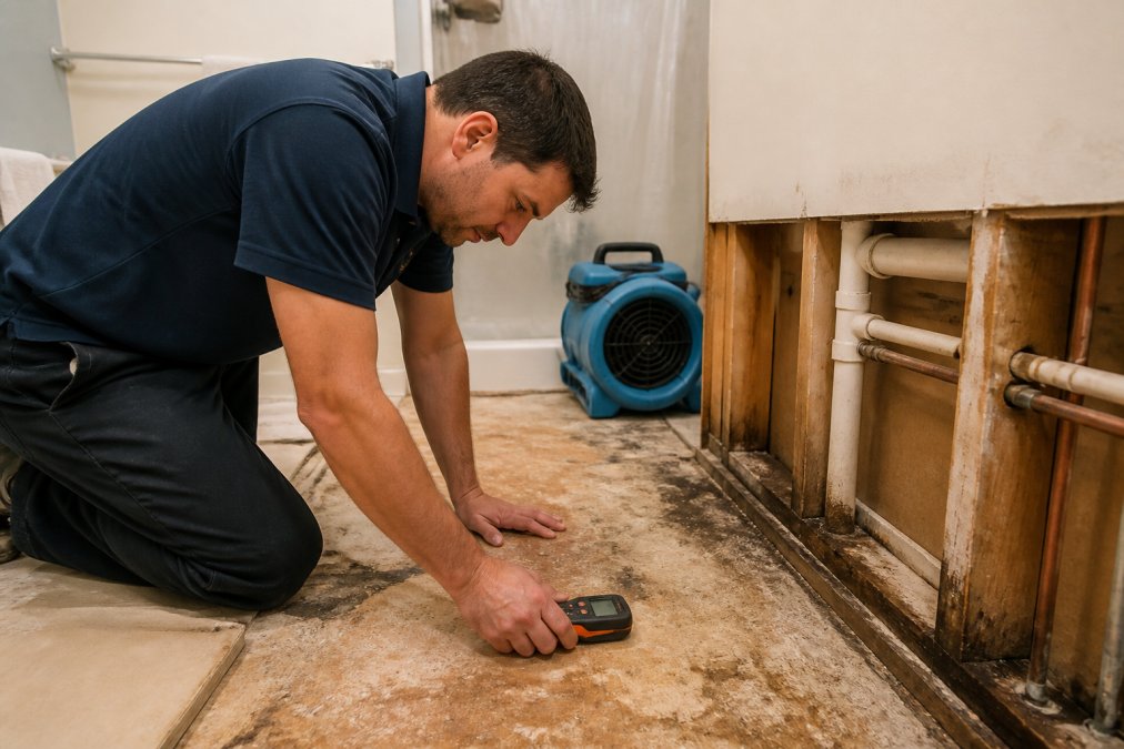 A restoration technician using a moisture meter on a bathroom subfloor near a removed vanity, with drying equipment visible in the background
