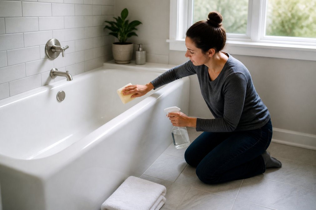 Homeowner gently cleaning a fresh bathtub refinishing surface with a soft sponge and mild spray cleaner