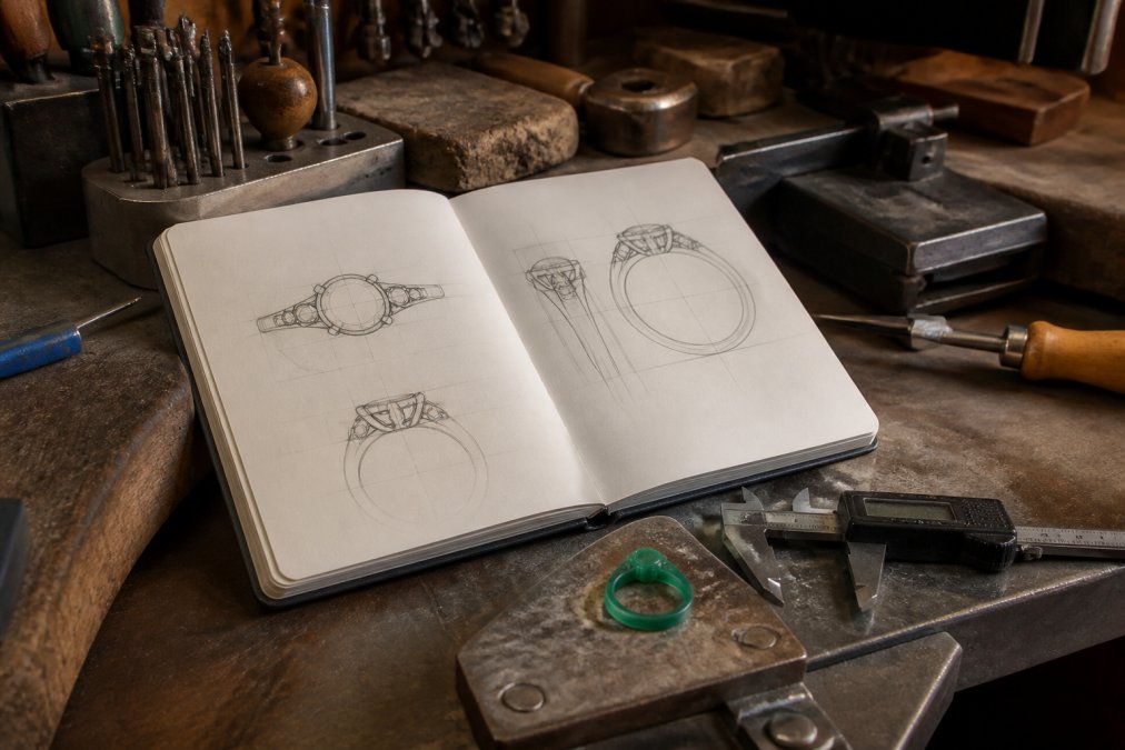 Step-by-step infographic showing the bespoke jewelry design process from initial sketches to wax modeling.