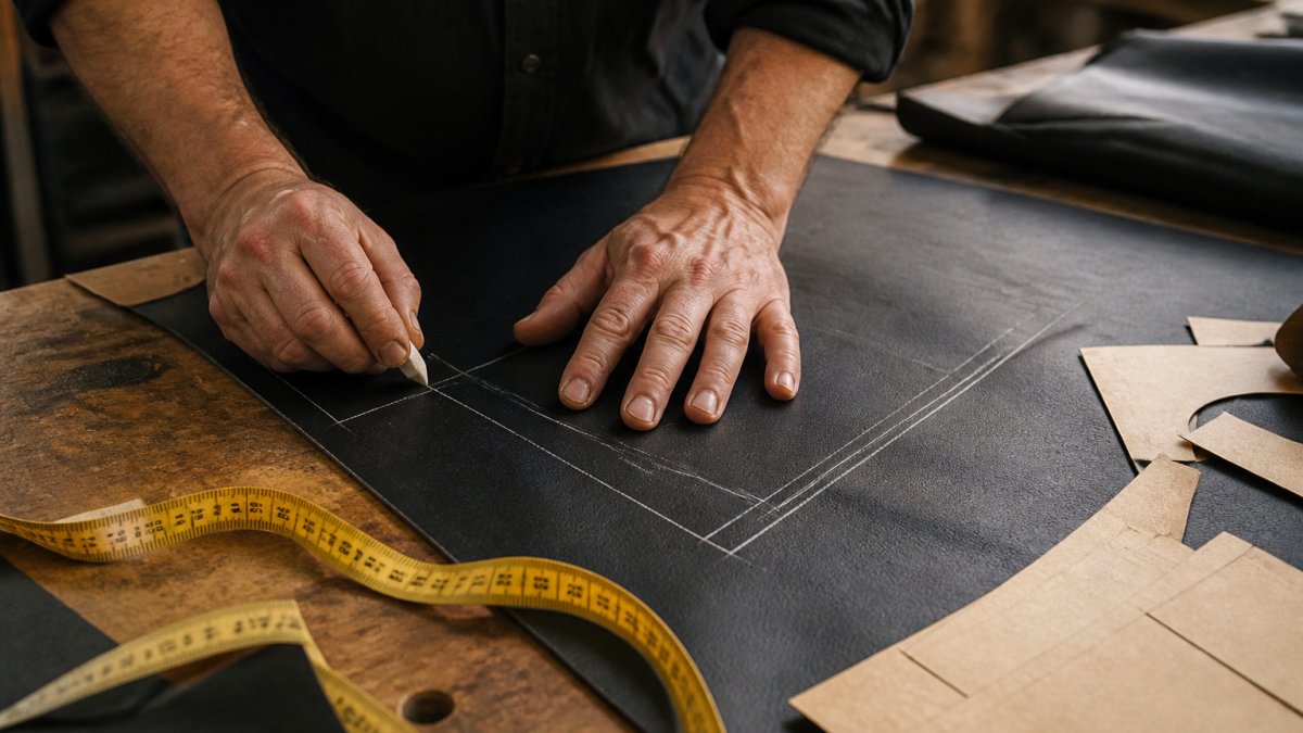 Close-up of a leather craftsman's hands marking measurements with tailor's chalk on a black leather panel, measuring tape and pattern pieces on a wooden workbench