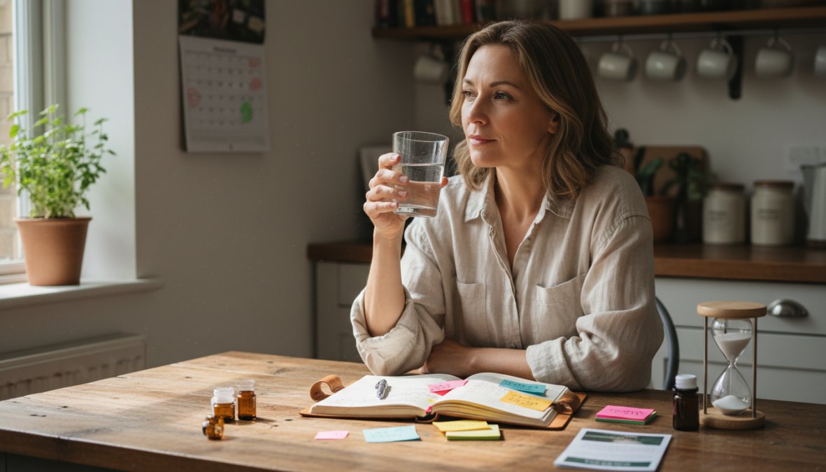 A woman in her late 40s sitting calmly at a kitchen table in warm morning light, holding a glass of water and writing in an open journal, with a small pill organizer and reading glasses nearby, suggesting a patient carefully tracking her health progress over time