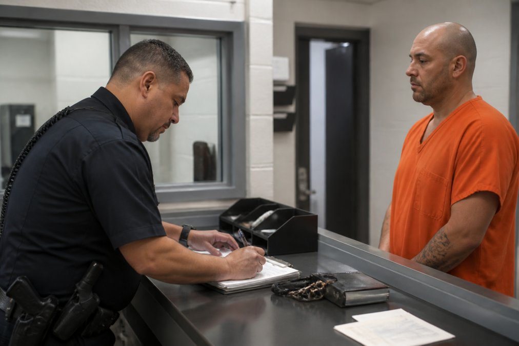 A booking officer at a county jail counter processing paperwork while an arrestee stands nearby in a clean, well-lit intake area