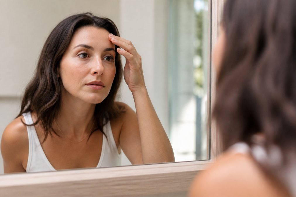Woman in her 30s checking her forehead in a mirror to see how long does botox last in her skin