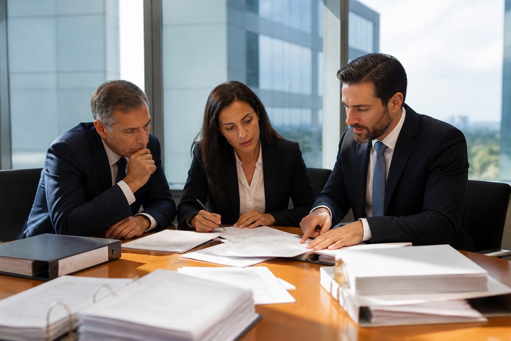 Professional business team reviewing arbitration documents and procedural timelines in modern conference room with natural window lighting