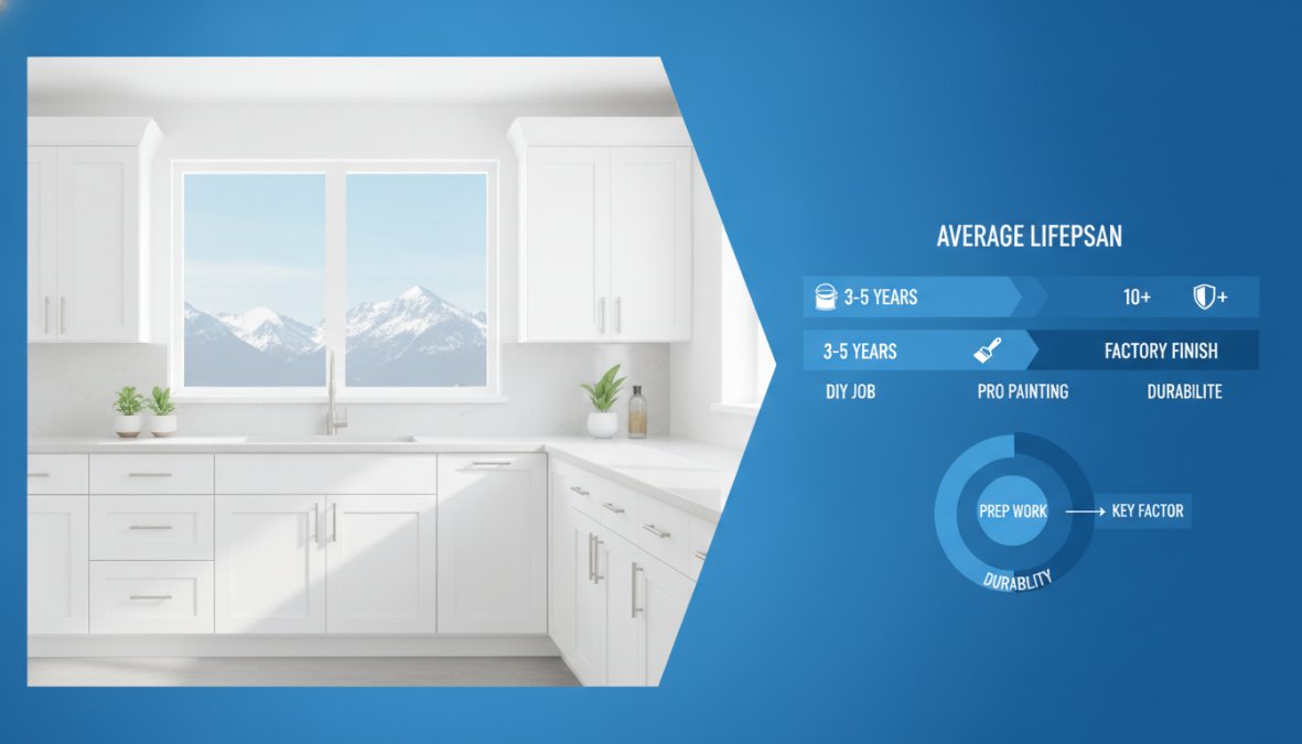 Freshly painted bright white kitchen cabinets with smooth flawless finish, clean hardware and warm natural light streaming through a window in a modern Colorado home