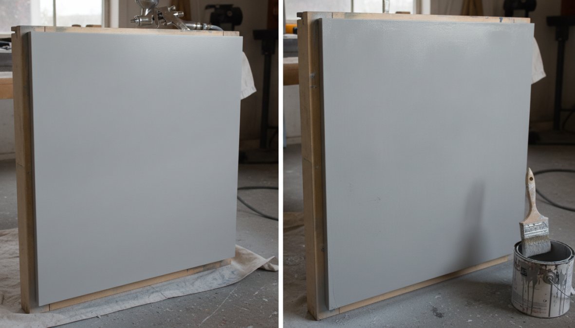 A professional painter in work clothes carefully applying paint to kitchen cabinet doors using a spray gun in a well-lit residential kitchen, focused expression and steady hand
