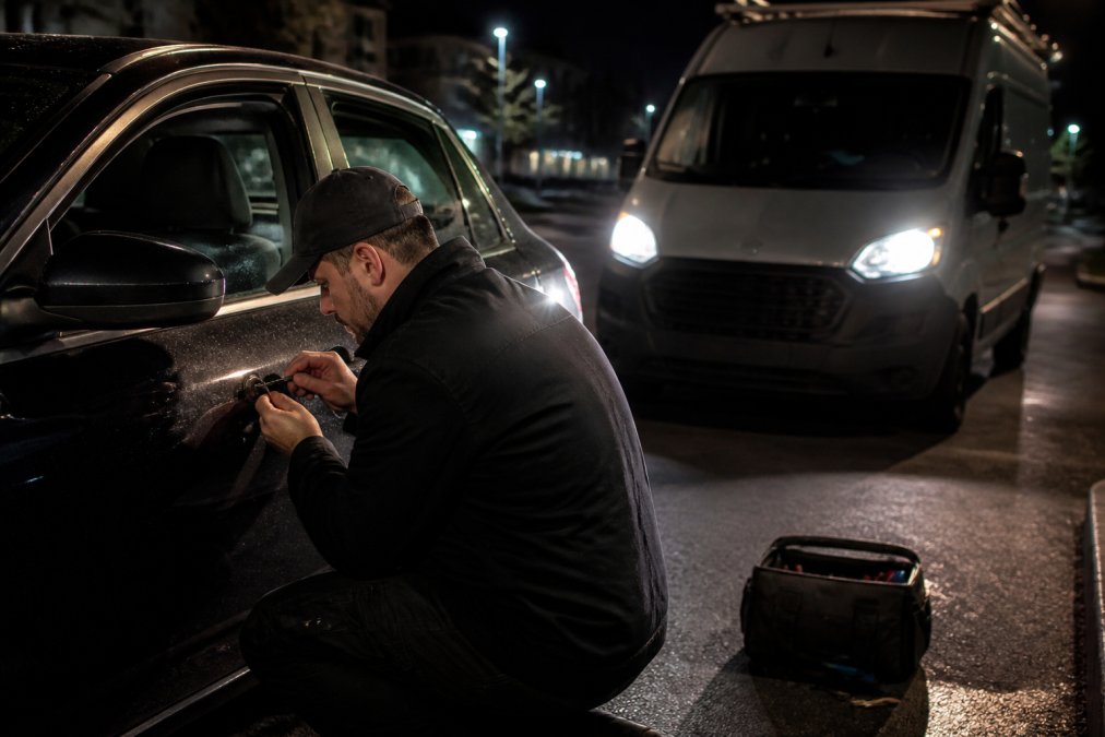 A professional automotive locksmith in a work uniform using a lockout tool on a car door at night, with a service van parked behind the vehicle and headlights illuminating the scene
