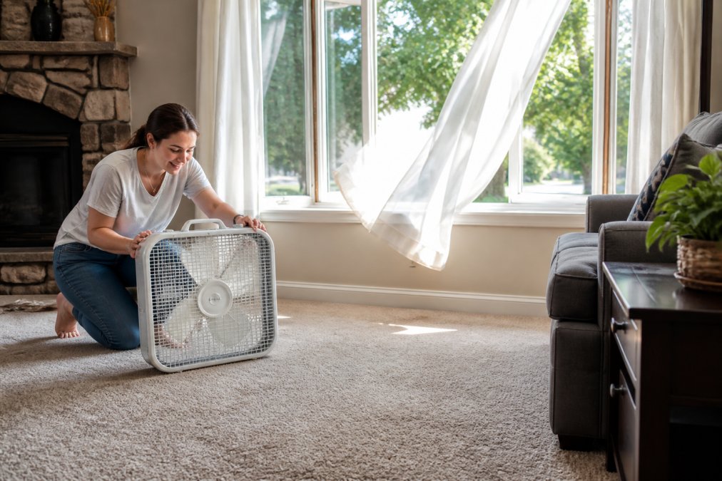 A homeowner placing a portable box fan near a freshly cleaned carpet in a bright living room, windows open showing sunlight streaming in and curtains moving with the breeze