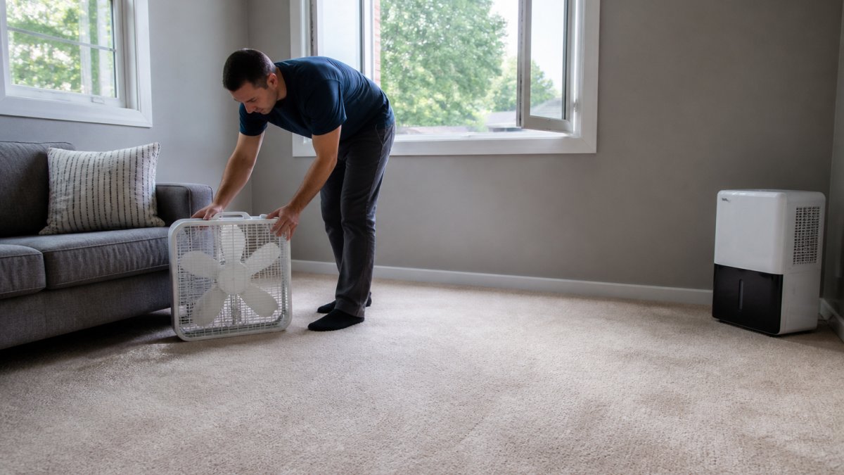 Homeowner using a box fan and dehumidifier to speed up how long does carpet take to dry after a deep cleaning.