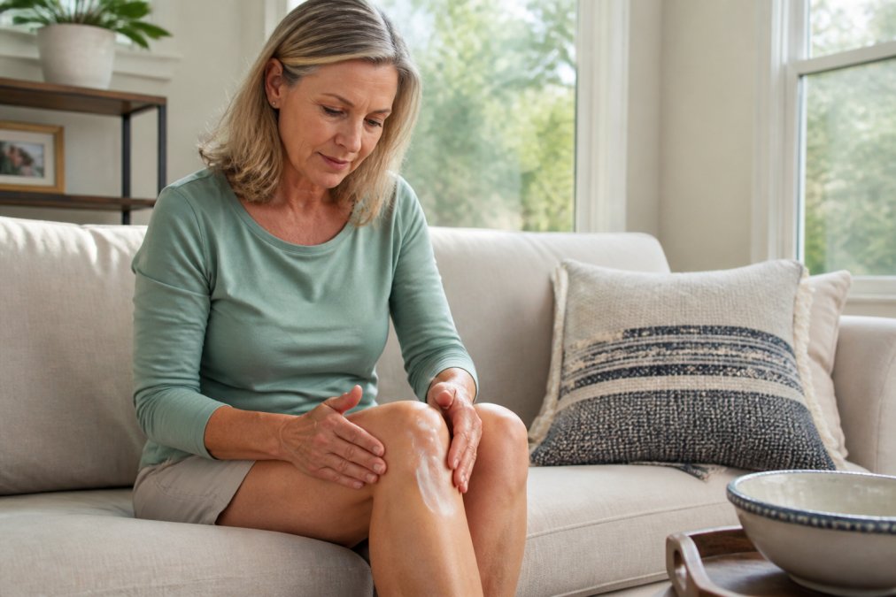 A woman in her 50s sitting on a living room sofa in natural daylight, gently massaging a small amount of white lotion into her knee joint