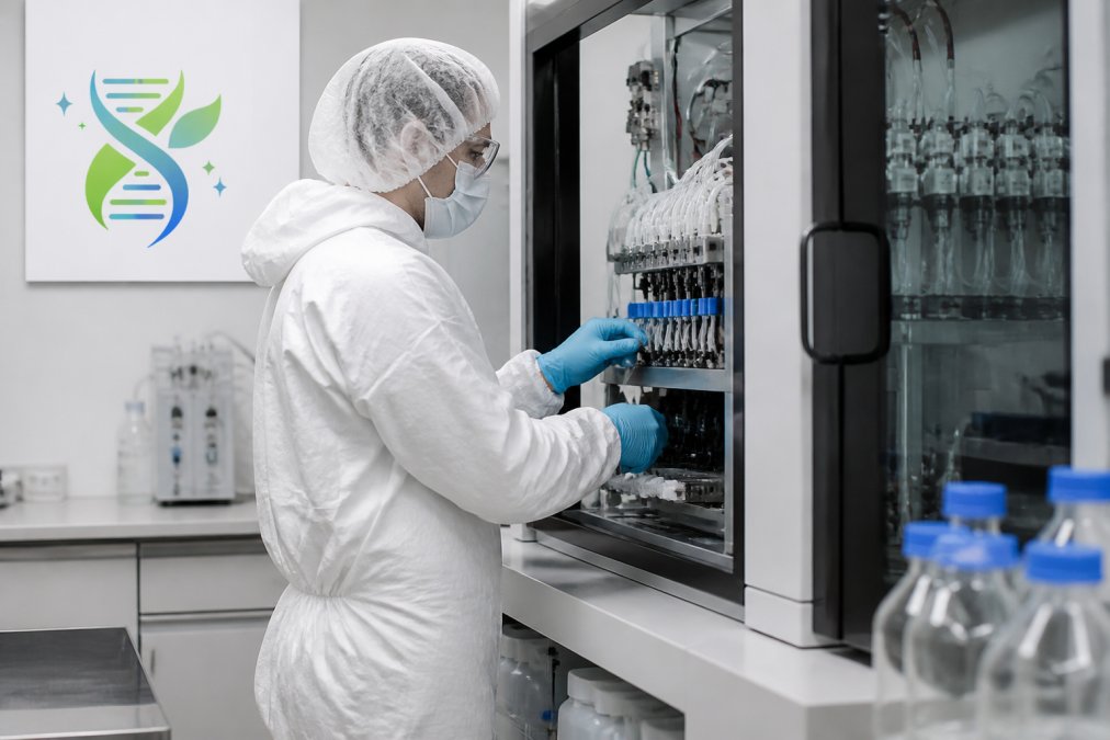 Scientist in full protective gear operating an automated system for cGMP peptide synthesis in a cleanroom laboratory