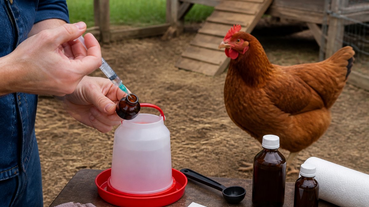 Close-up of hands using a syringe to measure liquid medication into a small waterer while a calm hen stands nearby in a backyard coop