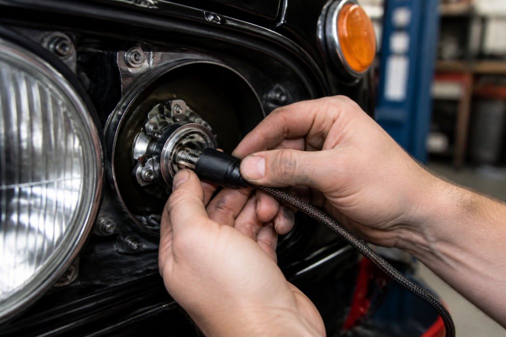 Technician connecting an LED wiring harness during the process of how long does classic car LED conversion take