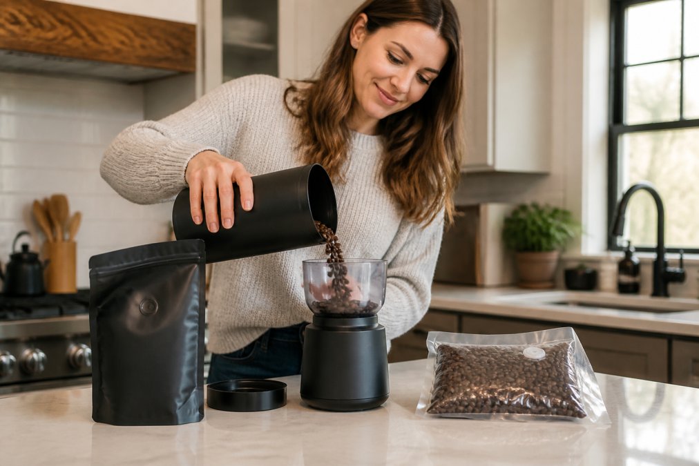 Person pouring beans from an airtight canister to help coffee stay fresh while grinding in a bright kitchen.
