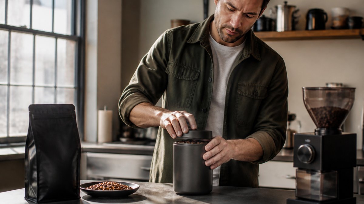 Close-up of hands sealing an airtight opaque ceramic container filled with whole coffee beans on a kitchen counter, with a bag of freshly roasted beans and a grinder nearby in soft morning light