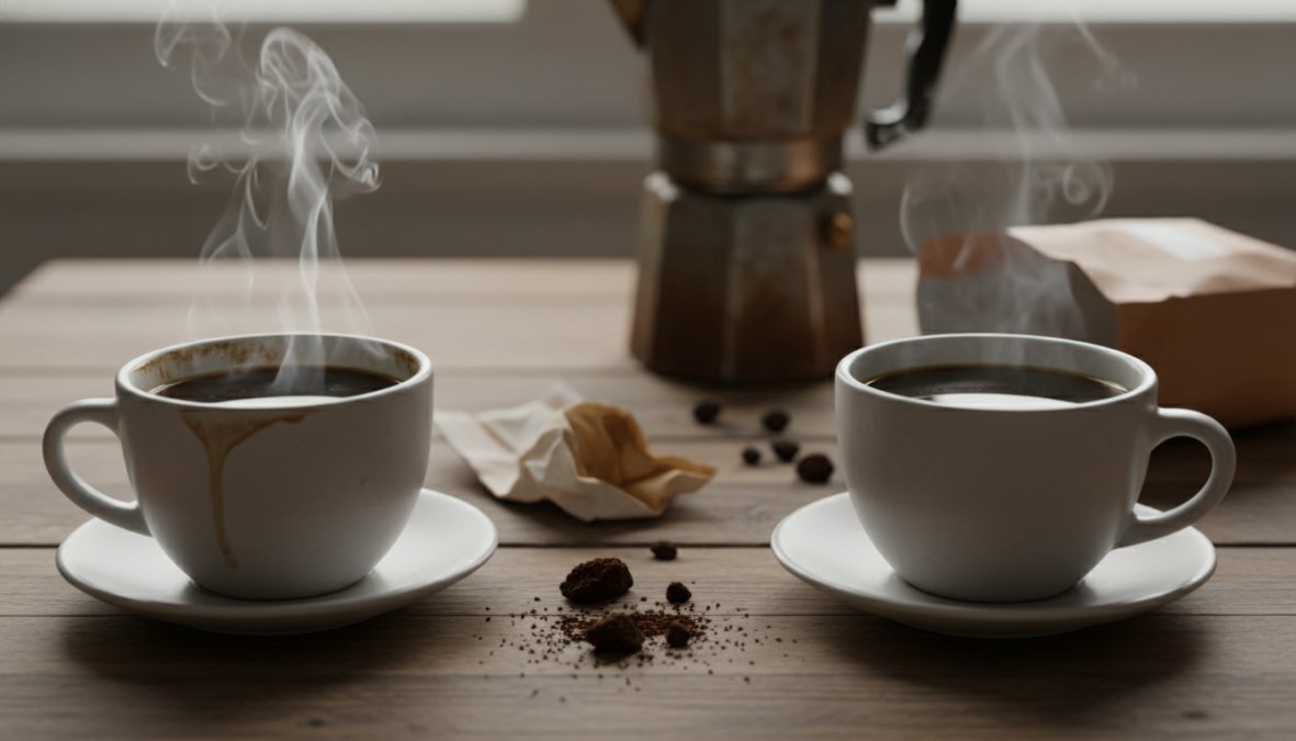 Side-by-side overhead shot of two white ceramic mugs of brewed coffee on a light marble surface, one cup rich and dark with visible steam rising, the other dull and flat with no steam, natural window light from the left