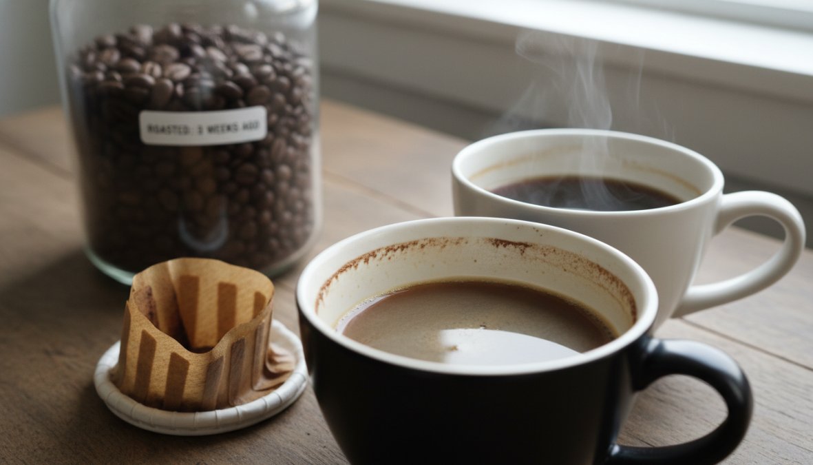 Close-up of whole coffee beans being poured from a kraft paper roaster bag into a matte black airtight ceramic container on a warm wooden kitchen countertop, with soft natural light from a nearby window