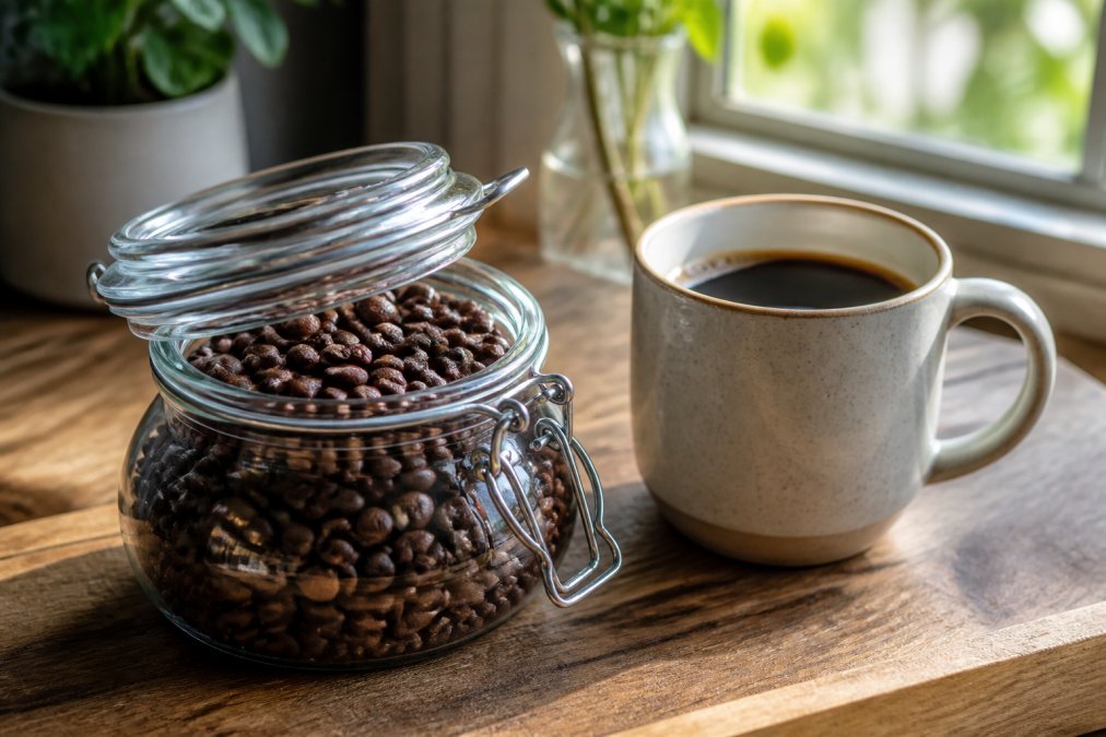 Close-up of vibrant, glossy whole coffee beans with visible oils in an airtight glass container next to a ceramic cup of brewed coffee, natural morning light streaming through