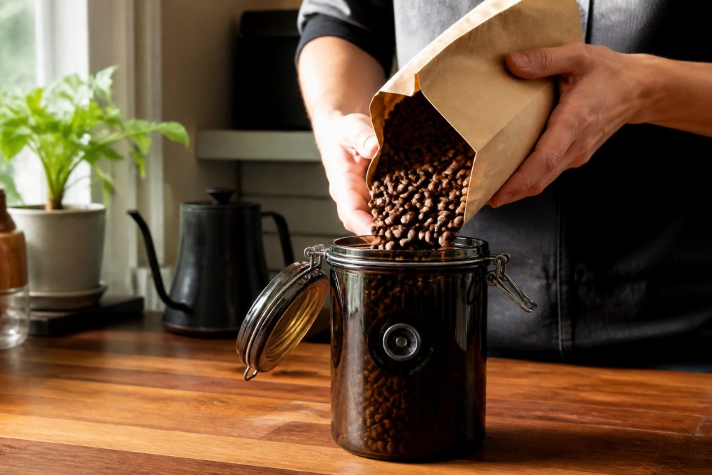 Hands carefully transferring premium whole coffee beans from a paper bag into a dark glass airtight container with a one-way valve on a kitchen counter, afternoon natural light