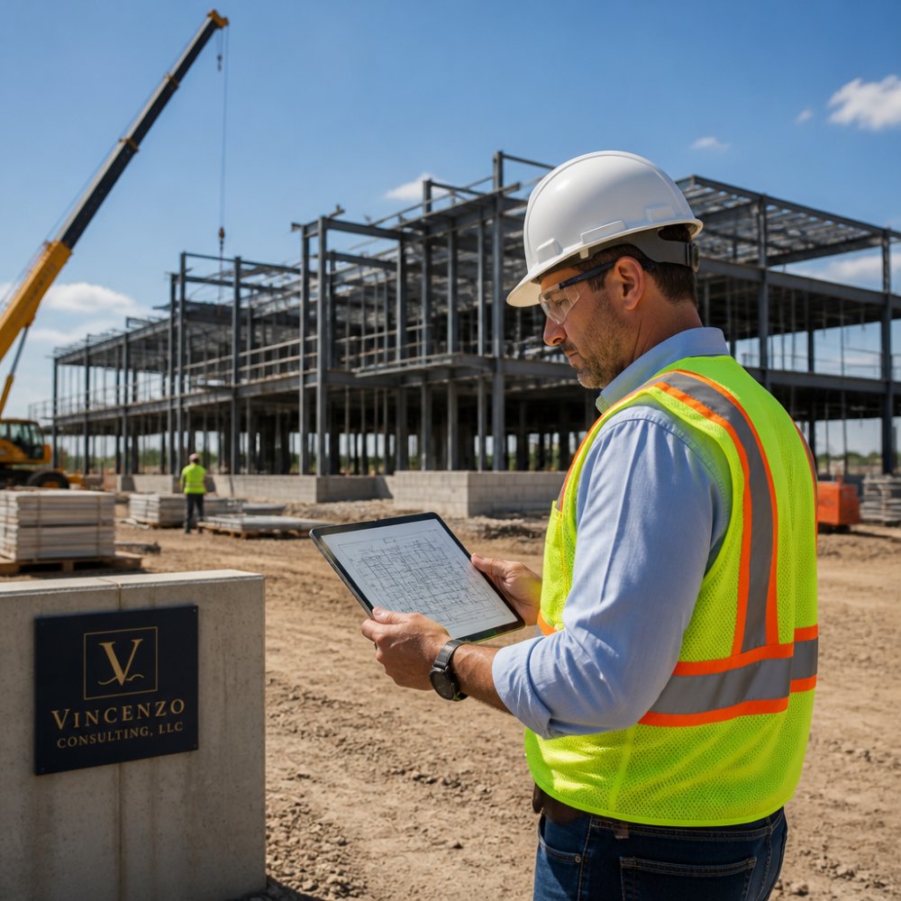 A construction project manager in a hard hat reviewing blueprints on a tablet at an active commercial job site, with steel framing and a crane visible in the background
