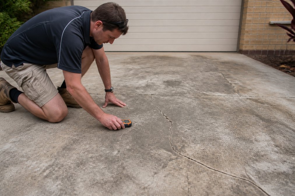 Professional contractor inspecting cracked concrete driveway surface with moisture meter, kneeling down to examine damage patterns in natural daylight