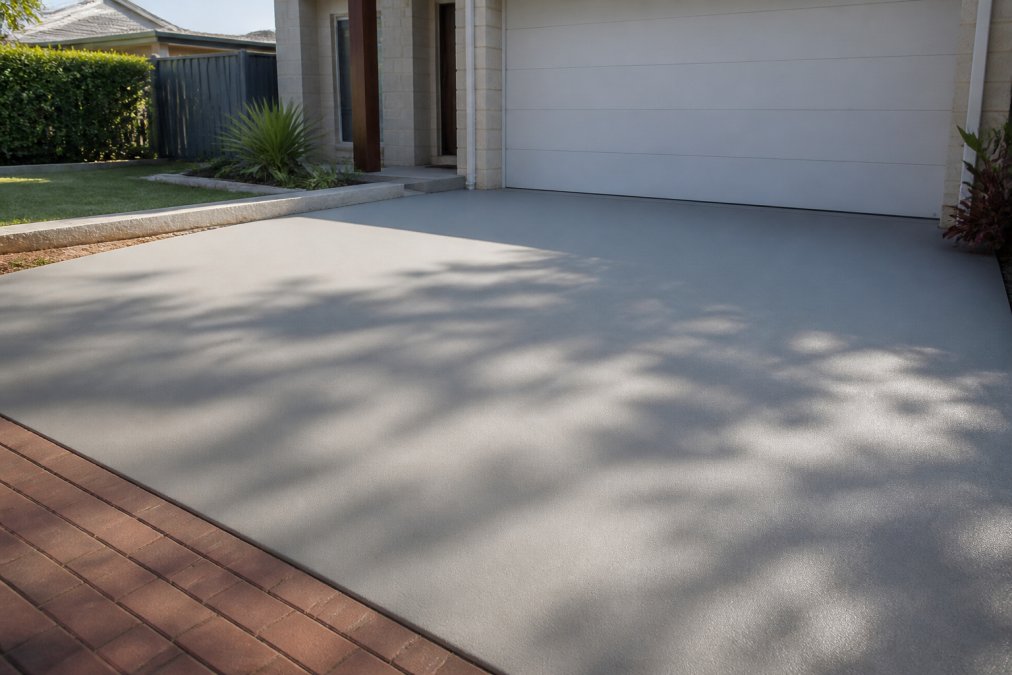 Freshly resurfaced concrete driveway showing smooth grey finish with afternoon sunlight creating subtle shadows on the cured surface, residential setting visible in background