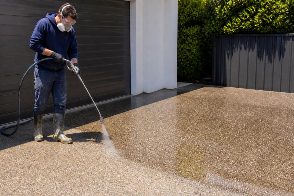 Professional tradesperson in protective gear and safety glasses spraying concrete sealer onto a residential driveway using commercial spray equipment in controlled conditions