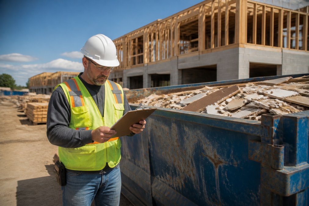 Site manager checking a construction waste management schedule near a full roll-off dumpster at a building site.