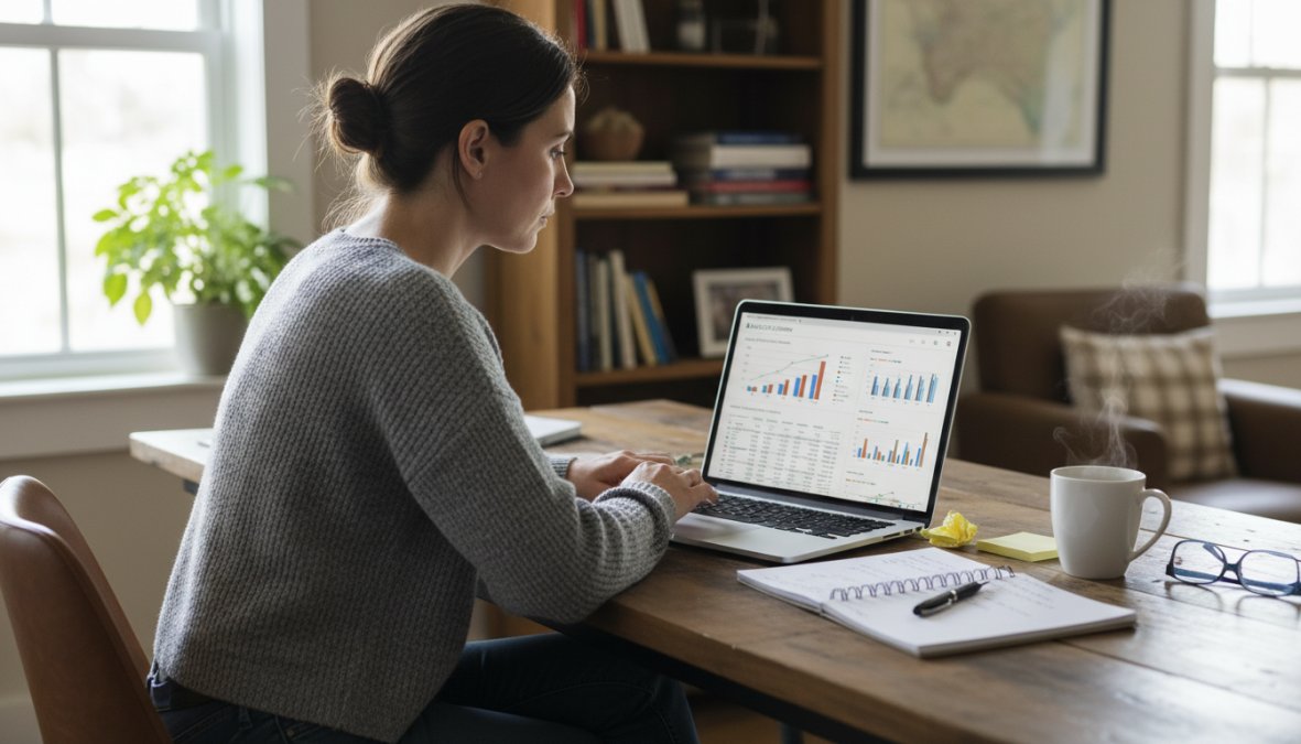A focused professional sitting at a desk reviewing website analytics on a laptop screen, with a notepad and coffee nearby in a bright home office setting