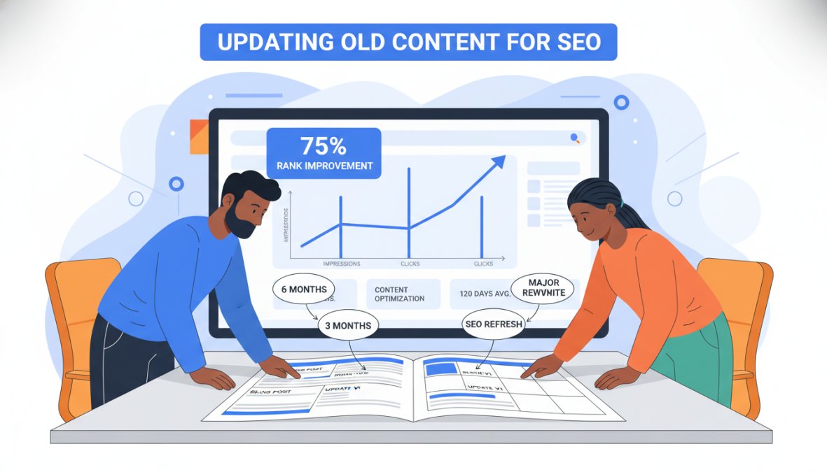 Two marketers collaborating over a printed content calendar spread on a table, pointing at pages while a laptop displays a Google Search Console dashboard in the background