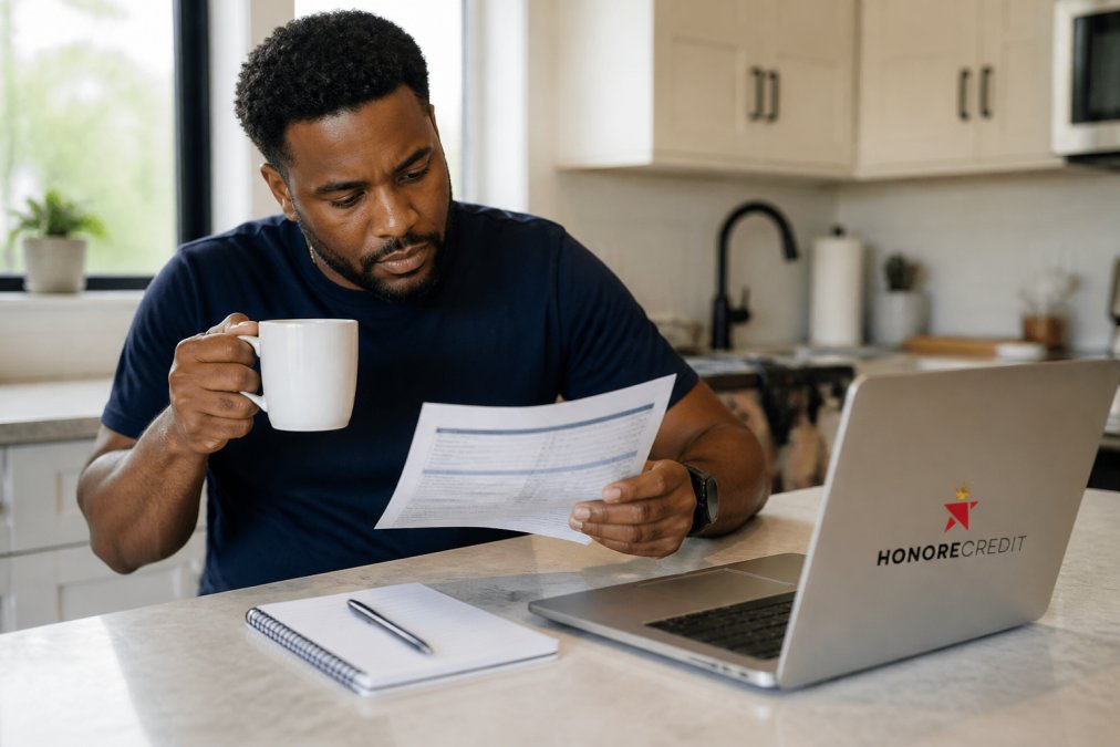 A person sitting at a bright kitchen table, reviewing a credit report on a laptop while holding a coffee mug, with a notepad and pen nearby