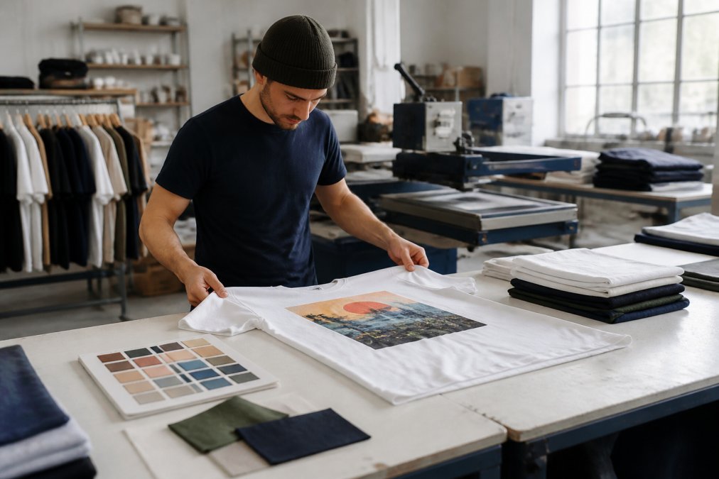 A print shop worker in a bright production facility inspecting a freshly printed graphic t-shirt on a table with fabric swatches and a laptop nearby