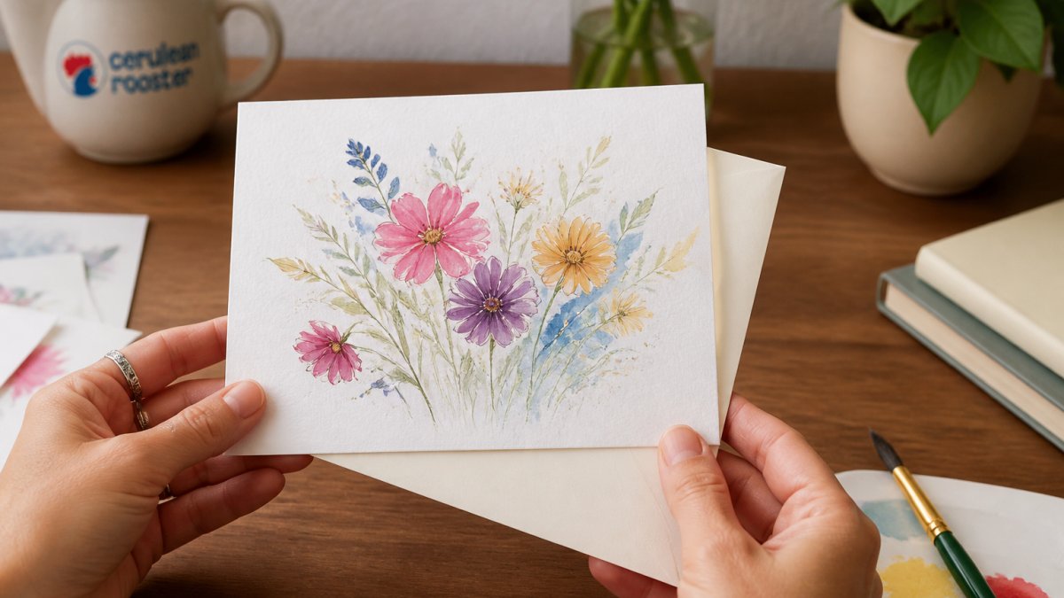 Step-by-step flowchart illustrating the stages of designing and printing a unique handmade greeting card.