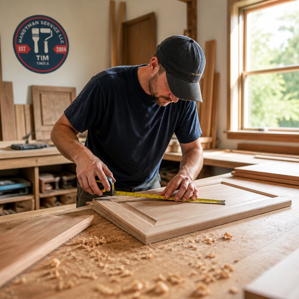 A professional carpenter in a workshop measuring a custom cabinet door with a tape measure, wood shavings on the workbench, natural light streaming in