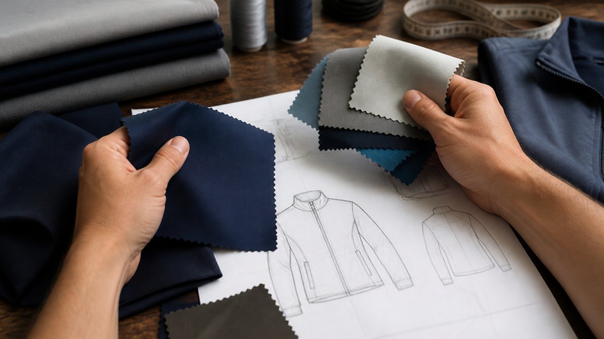 Close-up of hands holding fabric swatches and a design sketch on a workbench, showing textile samples and design review materials with natural studio lighting