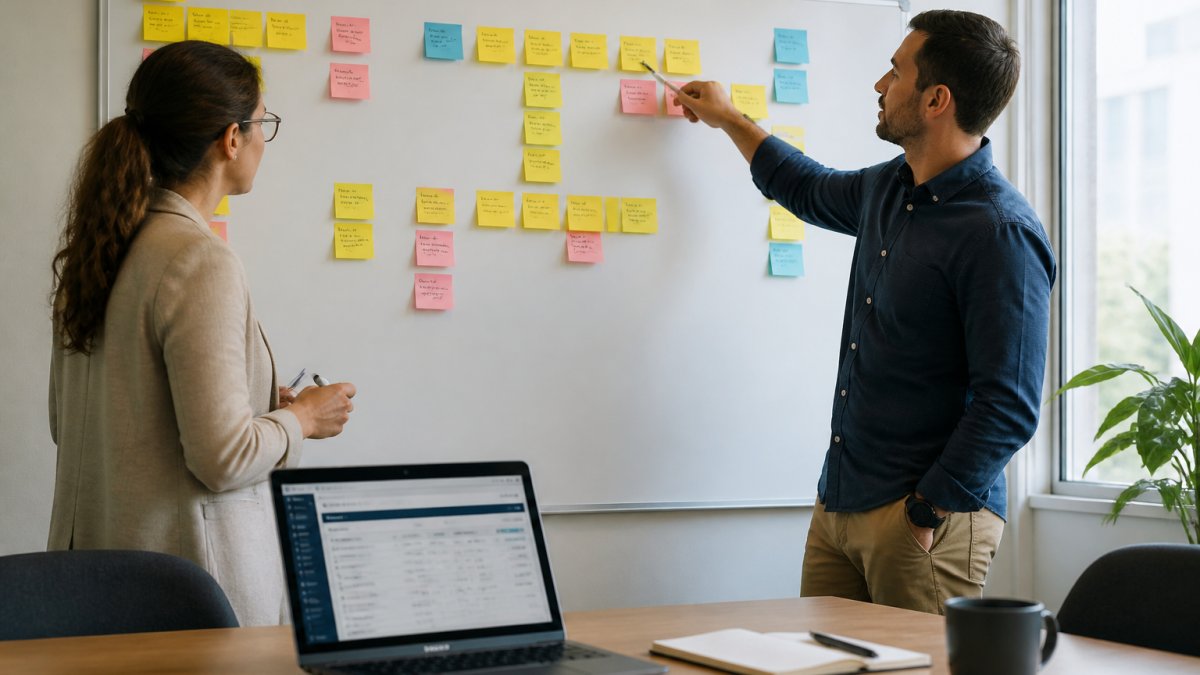 A project manager and developer reviewing a timeline on a whiteboard covered in sticky notes, with a laptop open on the table showing a CRM dashboard in a bright office