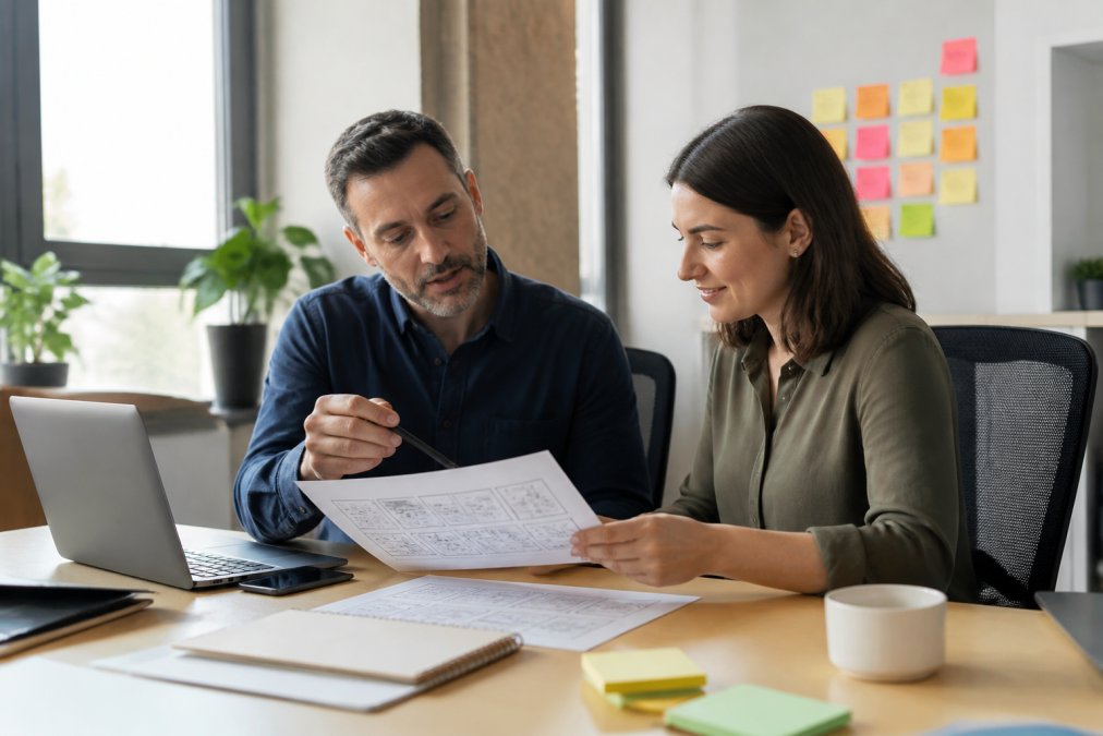 A learning and development manager and an instructional designer reviewing a storyboard printout together at a modern office desk, with a laptop open and sticky notes on the wall behind them