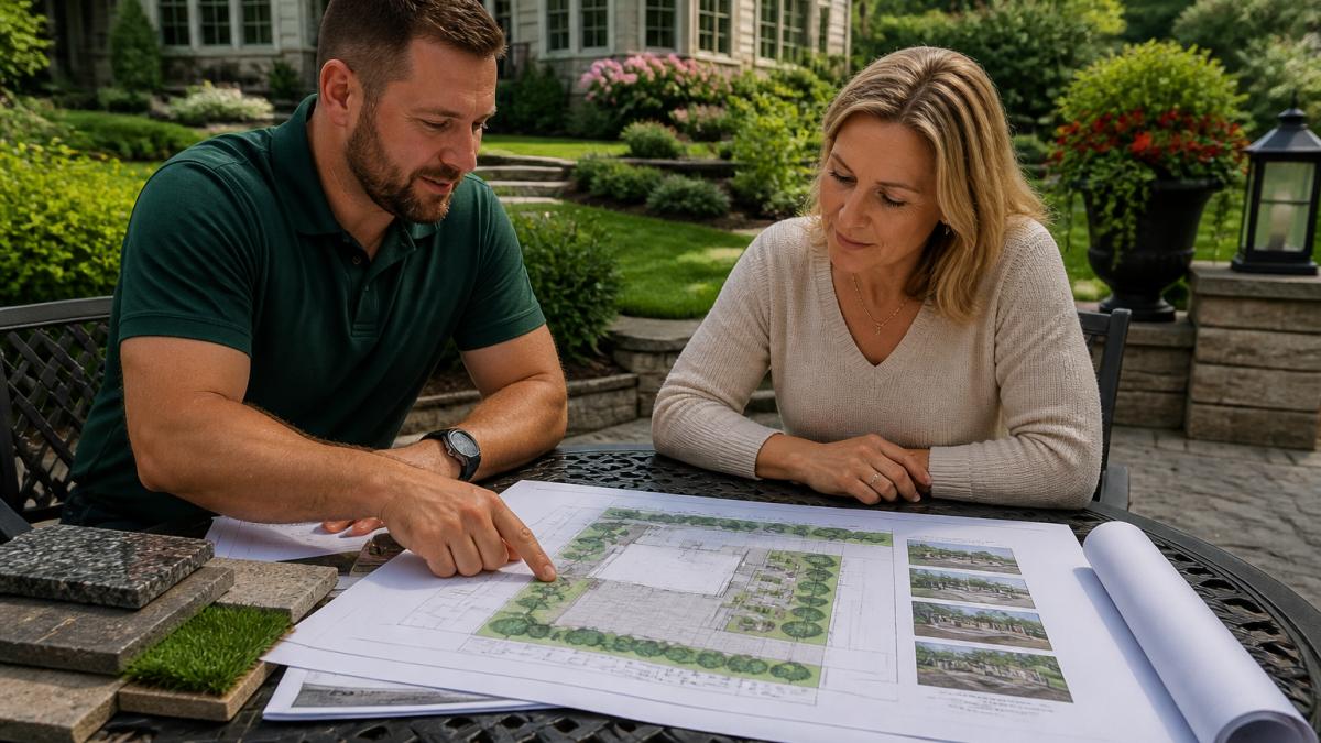 Landscape designer and homeowner reviewing custom landscape design plans during an outdoor consultation