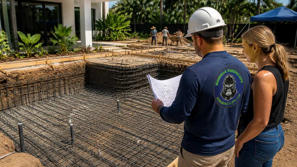 A backyard pool under construction with a freshly excavated hole, steel rebar grid in place, and a contractor in a hard hat reviewing plans with the homeowner beside the site