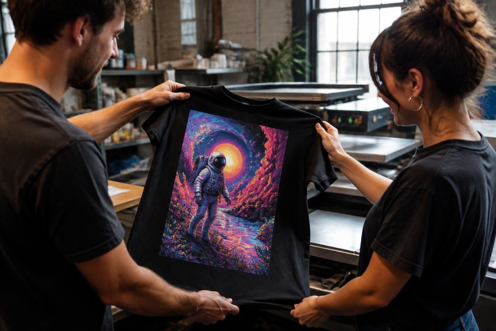Hands holding a custom-printed graphic tee fresh off the production line, vibrant ink detail visible on soft fabric, natural studio lighting highlighting the print quality