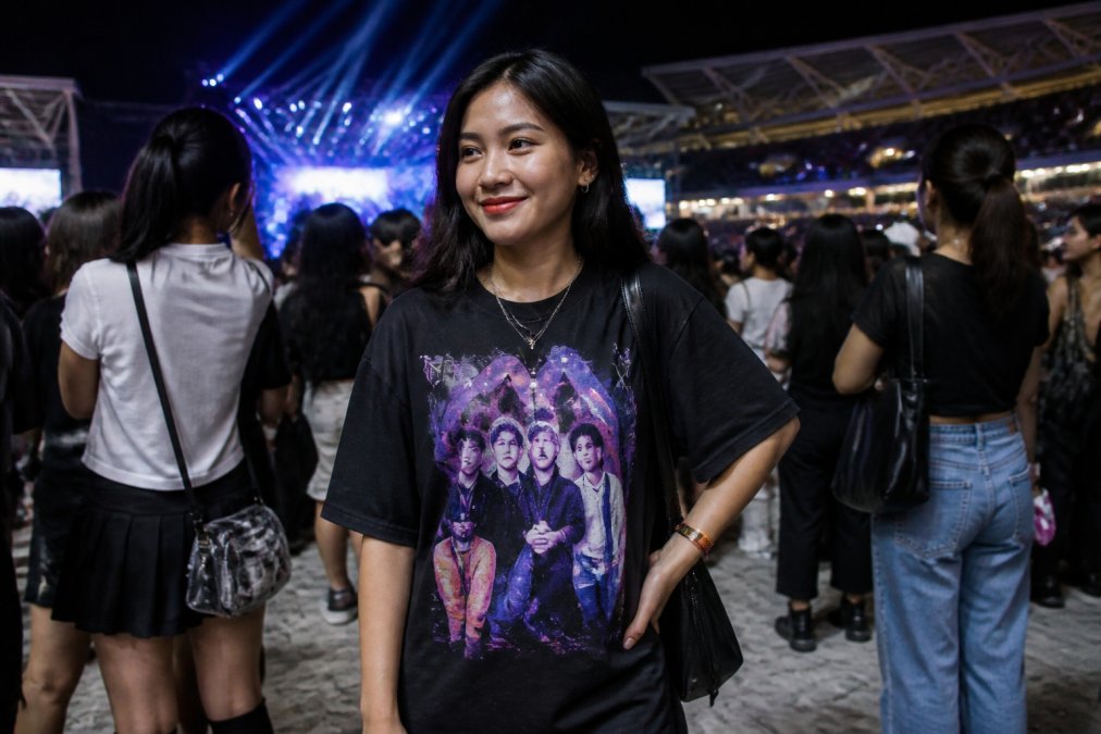 Young adult wearing a custom K-Pop concert graphic tee at a fan event, confident pose showcasing vibrant print quality and fit, stadium lighting in background