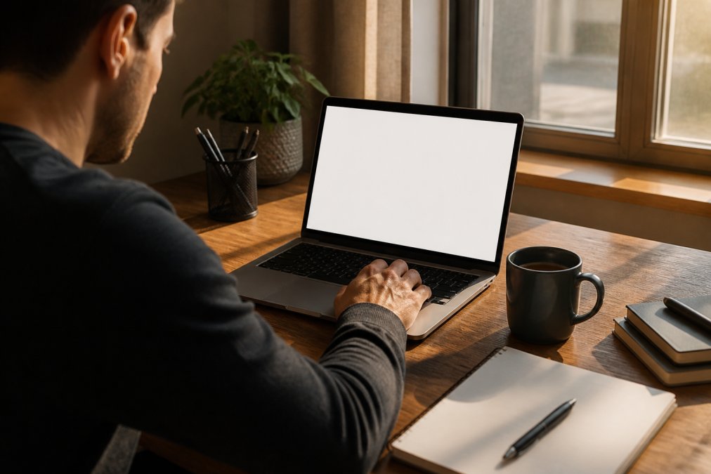 A person at a home desk reviewing a digital design file on a laptop screen, a mug of coffee beside the keyboard, warm afternoon light through a window, preparing artwork for submission