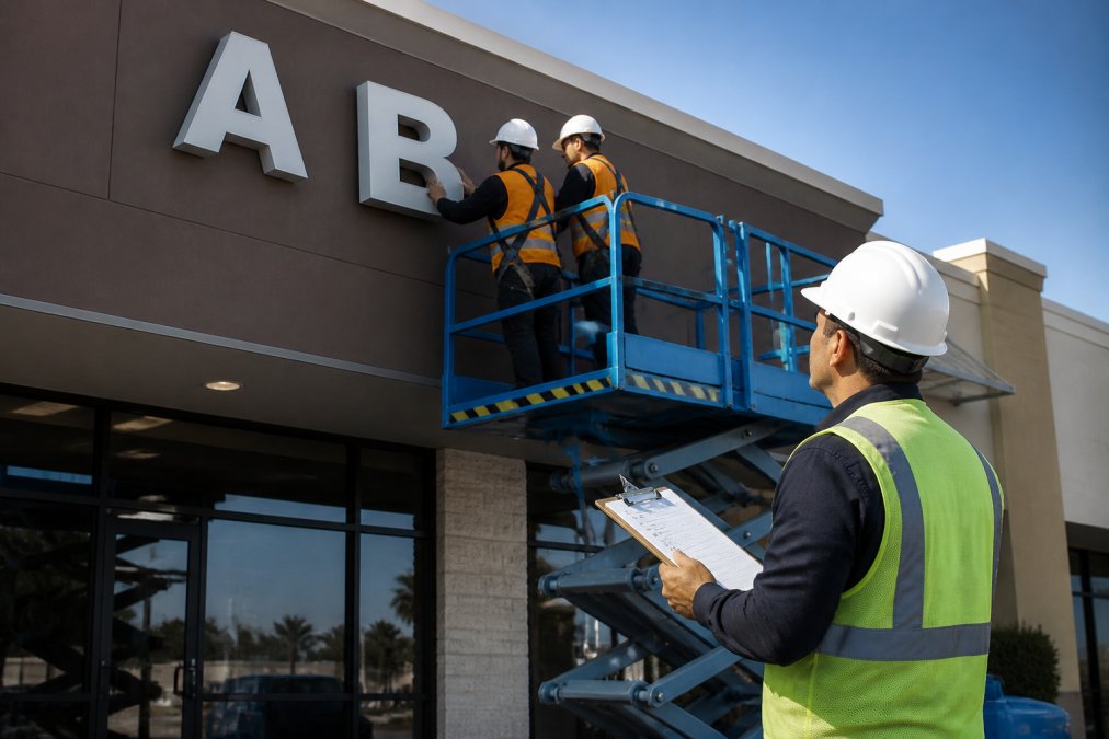 A two-person installation crew in safety vests and hard hats mounting large channel letters onto a storefront facade using a lift, with a project manager reviewing plans on a clipboard nearby