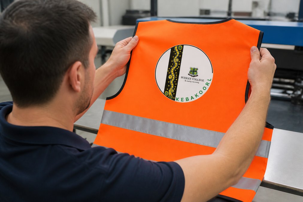 Close-up of a worker examining a custom-printed high-visibility vest with logo detail, showing print quality and reflective tape and colour accuracy under bright workshop lighting